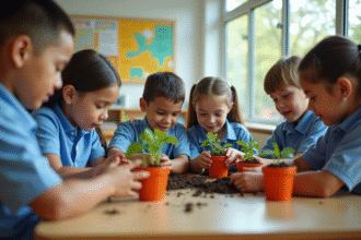 Enfants d école primaire plantant des semis dans une classe lumineuse