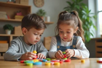 Garçon et fille de 8 ans utilisant des tuiles Montessori en classe