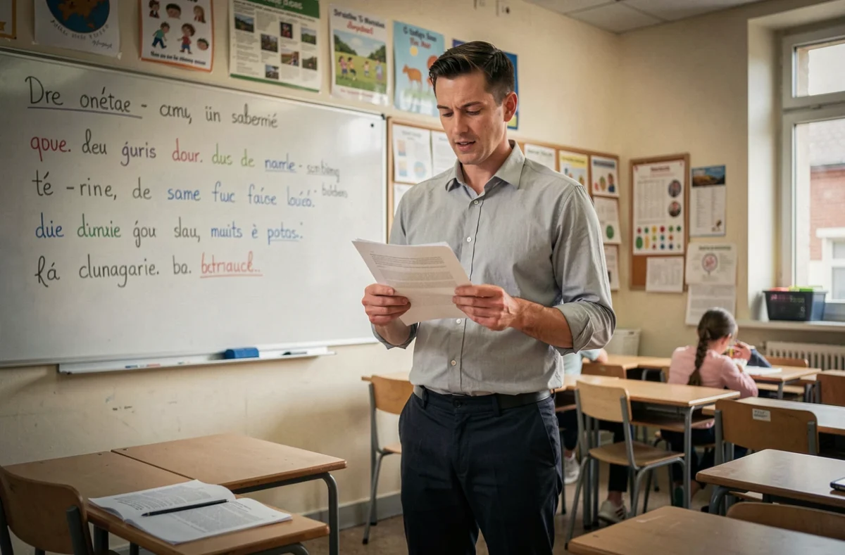 Enseignant lisant une dictée à voix haute devant sa classe de CM2 en école primaire