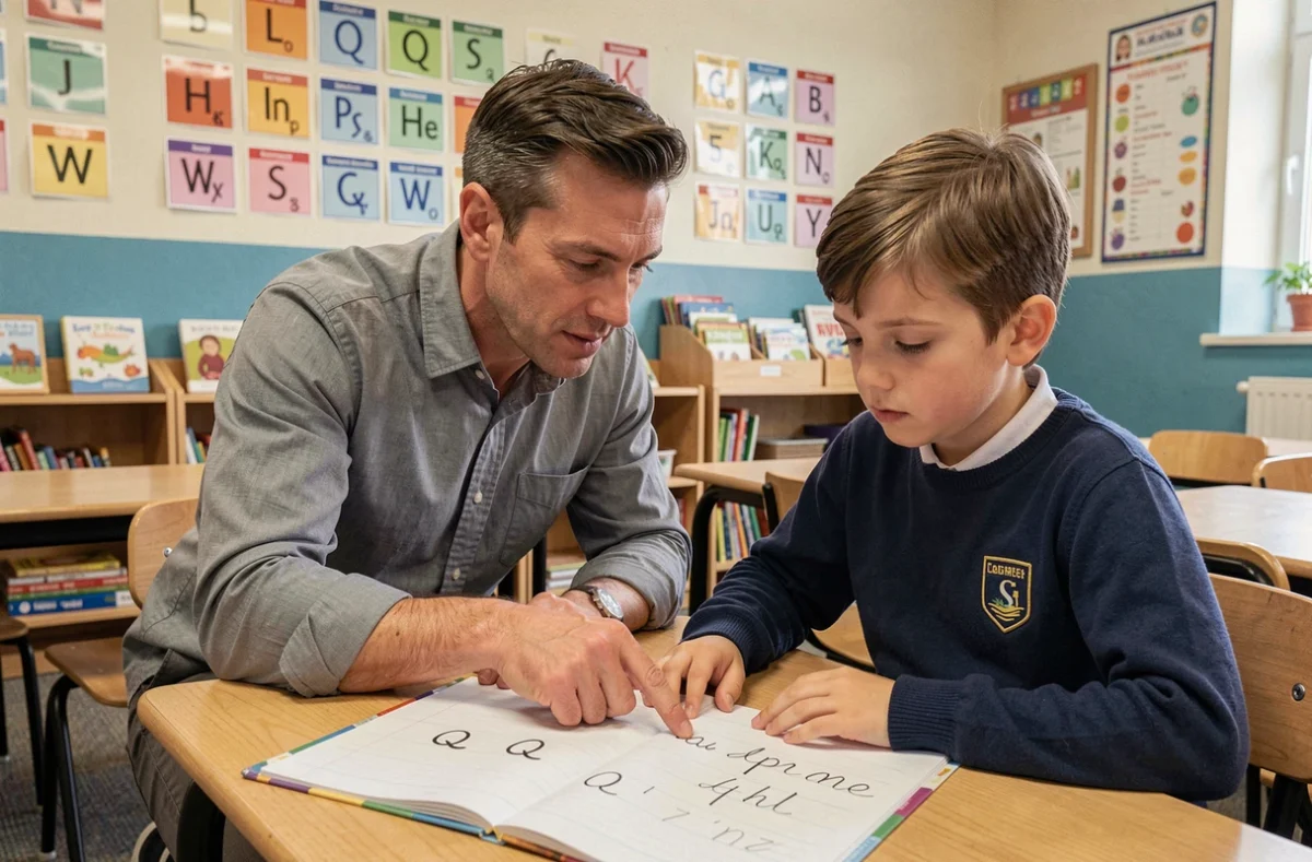 Enseignant aidant un élève à comprendre l'écriture du Q majuscule attaché dans un cahier d'écriture scolaire