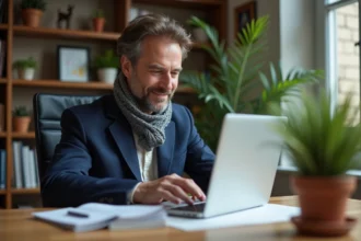 Professeur français homme en blazer vérifiant des devoirs sur son ordinateur