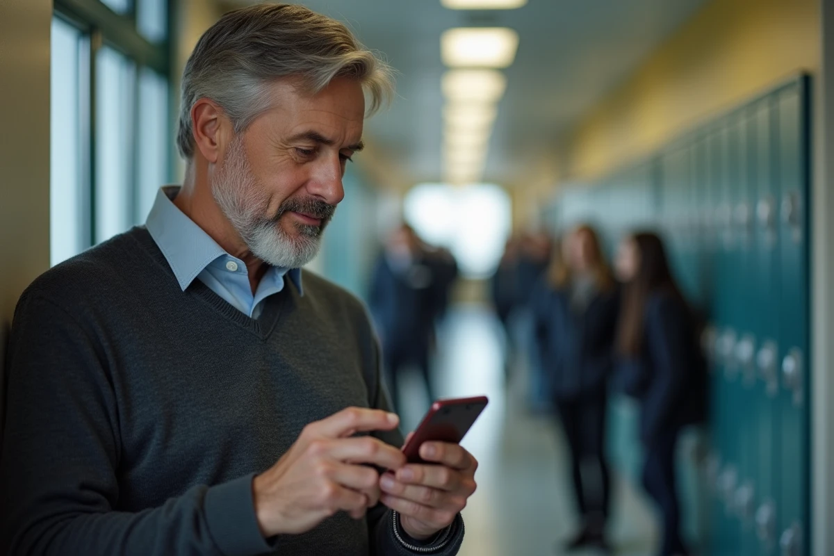 Enseignant recherchant ses identifiants académiques sur son smartphone dans un couloir scolaire
