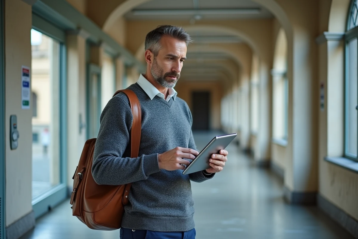 Enseignant consultant le portail personnel Web ac Grenoble sur une tablette dans un couloir d'établissement scolaire