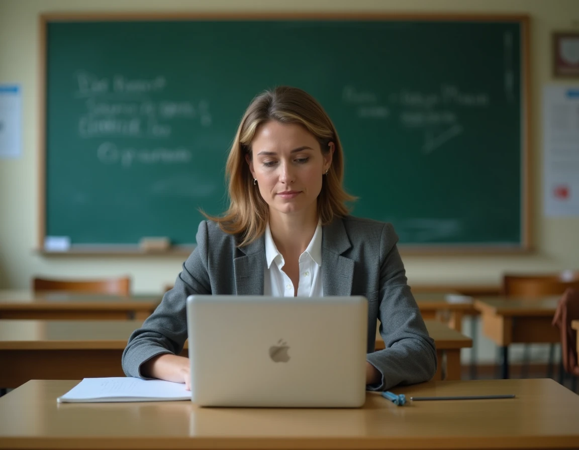 Enseignante tentant de se connecter à la plateforme Toutatice sur un ordinateur portable dans une salle de classe vide