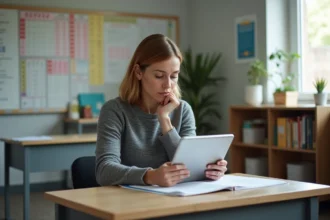 Professeure évaluant résultats sur tablette dans classe