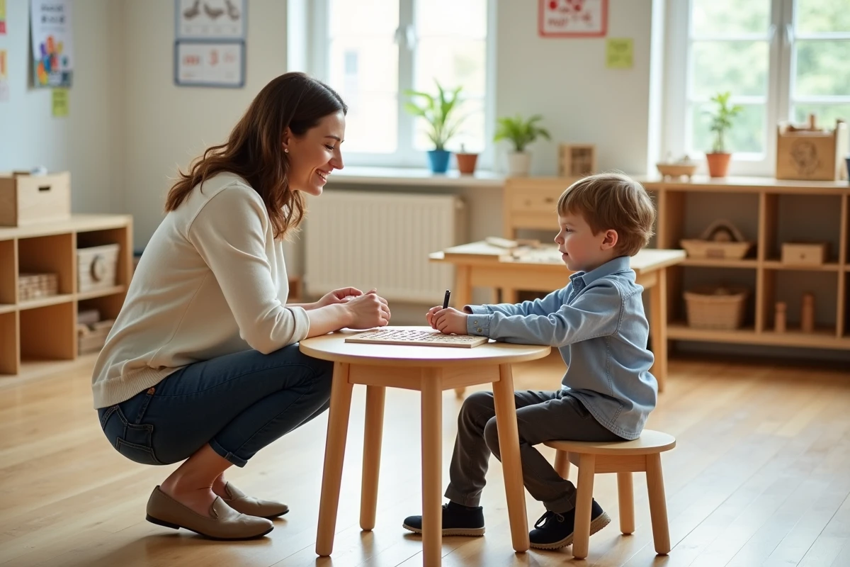 Femme guide Montessori aidant un enfant avec un matériel mathématique