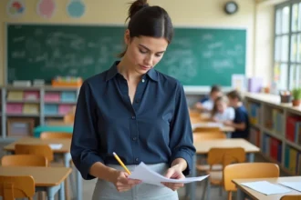 Enseignante de primaire expérimentée corrigeant des documents dans sa salle de classe colorée après 10 ans de carrière
