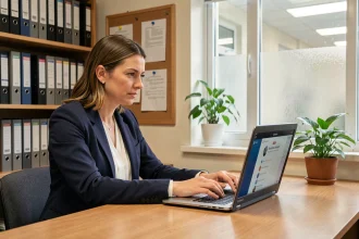 Enseignante sécurisant son compte ENT Touraine sur un ordinateur portable dans une salle administrative scolaire