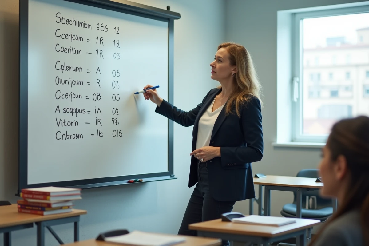 Enseignante présentant un tableau des verbes en IR du 3ème groupe au tableau blanc dans une salle de classe