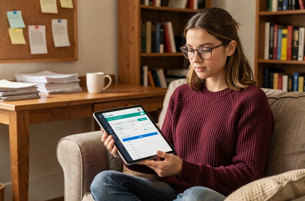Jeune enseignante consultant un carnet de notes numérique sur tablette depuis son bureau à domicile pour gérer ses cours en ligne