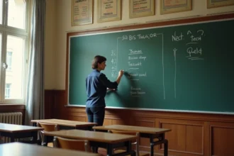 Enseignante de français écrivant la conjugaison des verbes du 2ème groupe au tableau dans une salle de classe