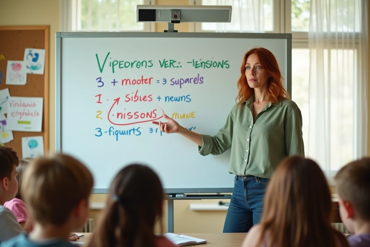 Enseignante expliquant les terminaisons des verbes en IR au tableau blanc en classe