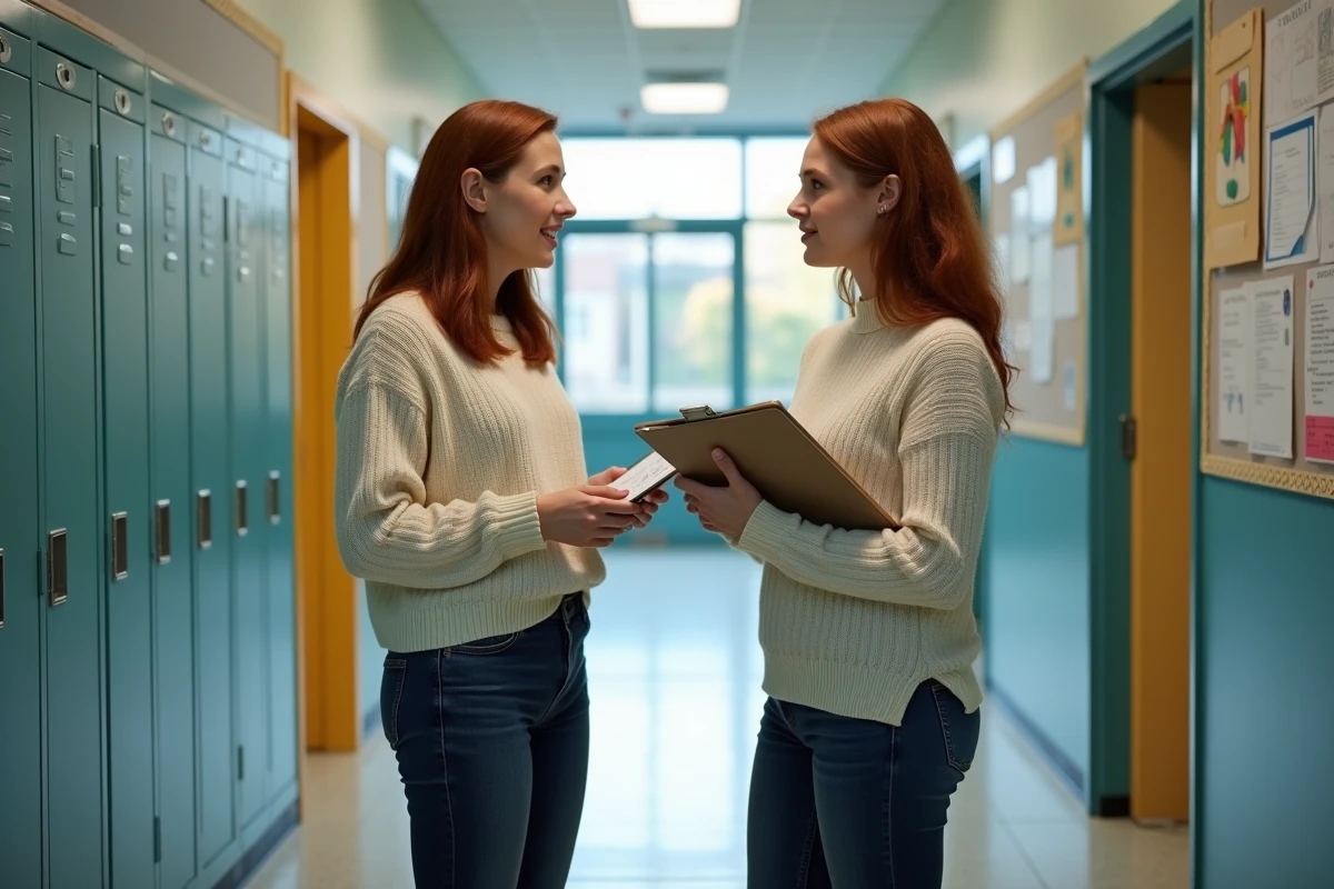 Deux enseignantes du primaire en discussion professionnelle dans un couloir d'école sur les perspectives de carrière et de salaire