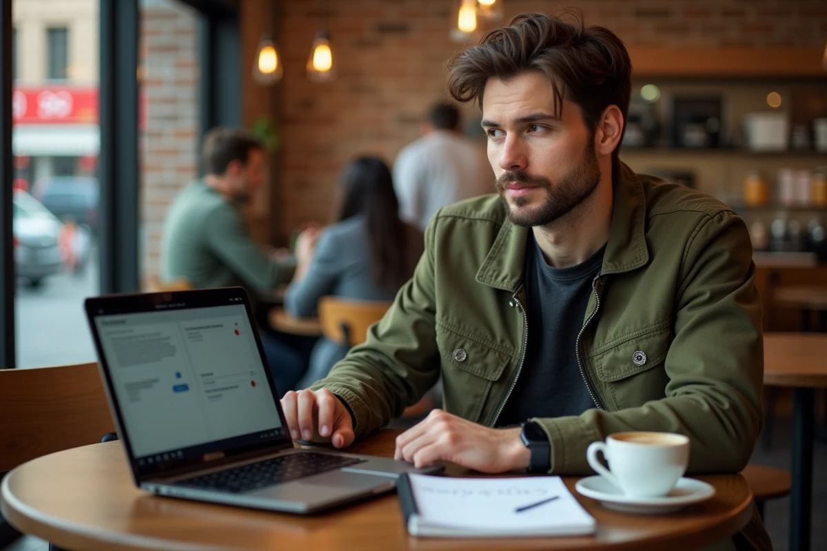 Homme qui s'entraîne aux tests logiques psychotechniques sur ordinateur portable dans un café urbain avec prise de notes