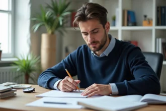 Homme concentré qui s'entraîne aux tests psychotechniques à son bureau avec des fiches et un chronomètre