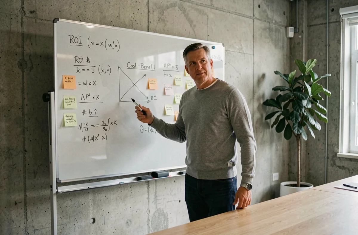 Entrepreneur présentant des formules de calcul du retour sur investissement d'un outil IA sur un tableau blanc en salle de réunion