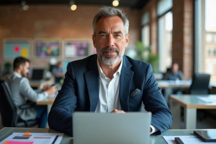 Entrepreneur homme en bureau moderne avec devices innovants