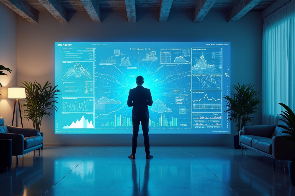 Entrepreneur devant un grand écran interactif futuriste