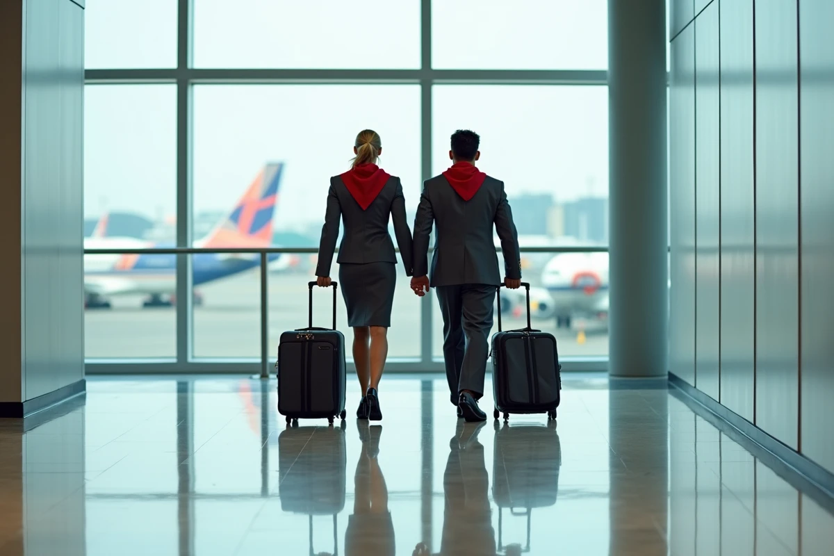 Deux membres du personnel navigant en uniforme traversant un terminal d'aéroport avec leurs bagages de cabine