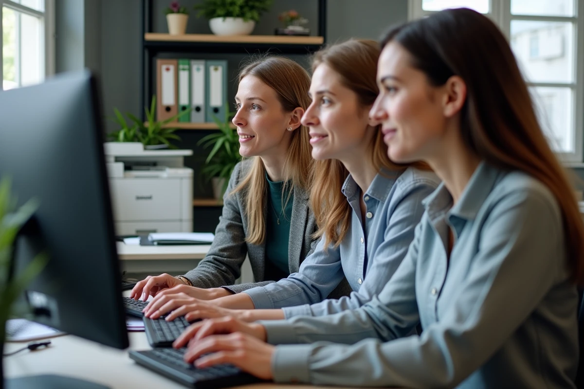 Équipe administrative partageant un poste informatique pour accéder aux services personnels Web ac Grenoble