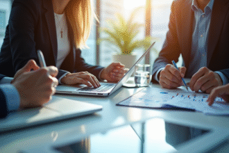 Groupe de professionnels analysant des graphiques financiers dans un bureau lumineux