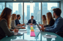 Equipe diverse en brainstorming dans un bureau moderne