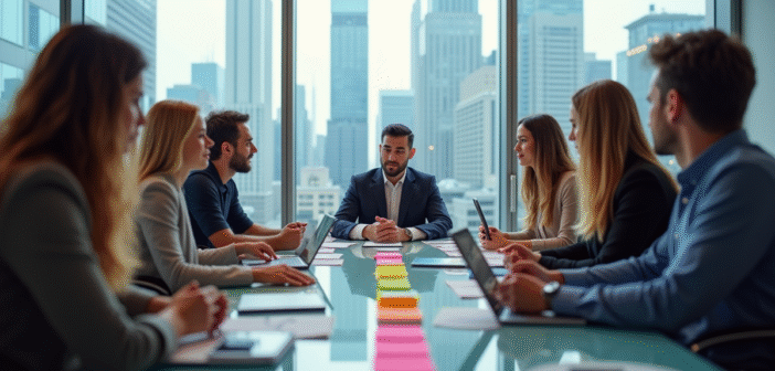 Equipe diverse en brainstorming dans un bureau moderne