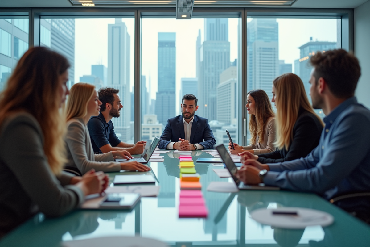 Equipe diverse en brainstorming dans un bureau moderne