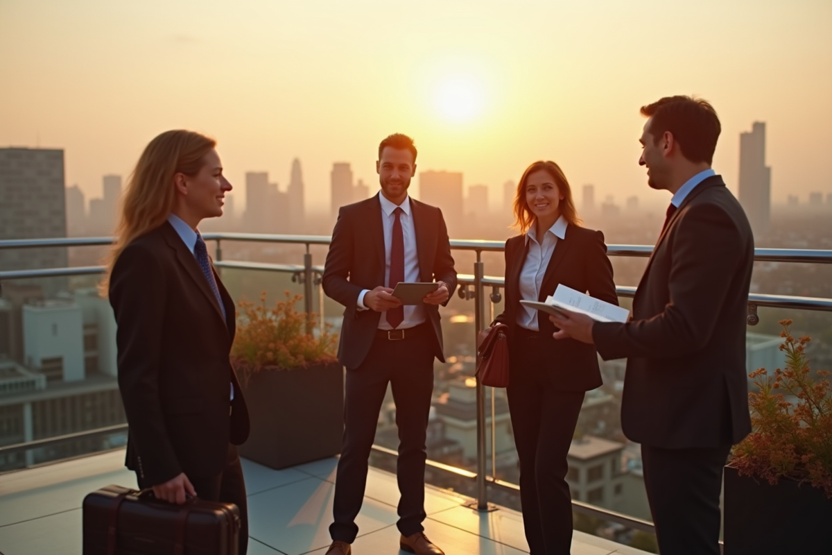Groupe de professionnels en finance en discussion sur un toit
