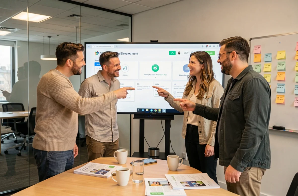 Équipe de professionnels discutant d'une stratégie de montée en compétences autour d'un écran affichant une plateforme e-learning