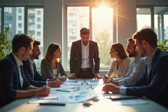 Groupe de professionnels en réunion analysant des graphiques