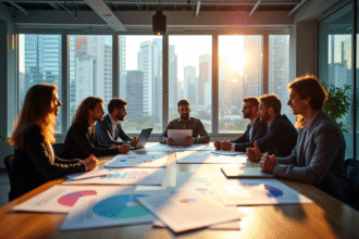Espace de travail moderne avec équipe marketing et graphiques