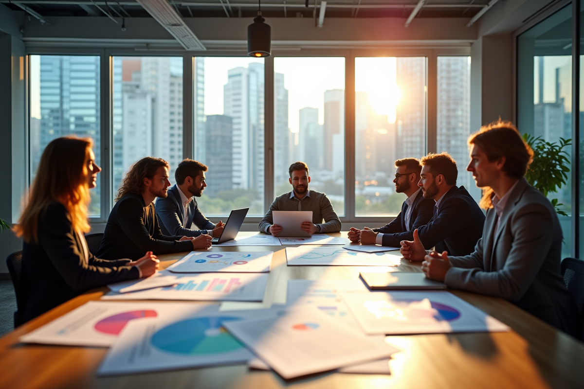 Espace de travail moderne avec équipe marketing et graphiques