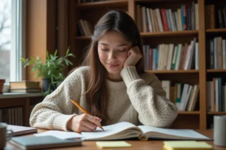 Jeune femme étudiant la conjugaison française avec un livre de grammaire ouvert sur un bureau en bois