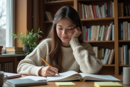 Jeune femme étudiant la conjugaison française avec un livre de grammaire ouvert sur un bureau en bois