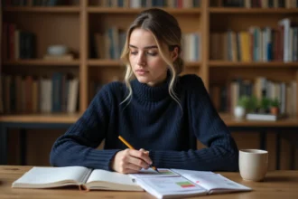 Femme étudiant la grammaire allemande avec des livres ouverts et des fiches de déclinaison sur un bureau en bois
