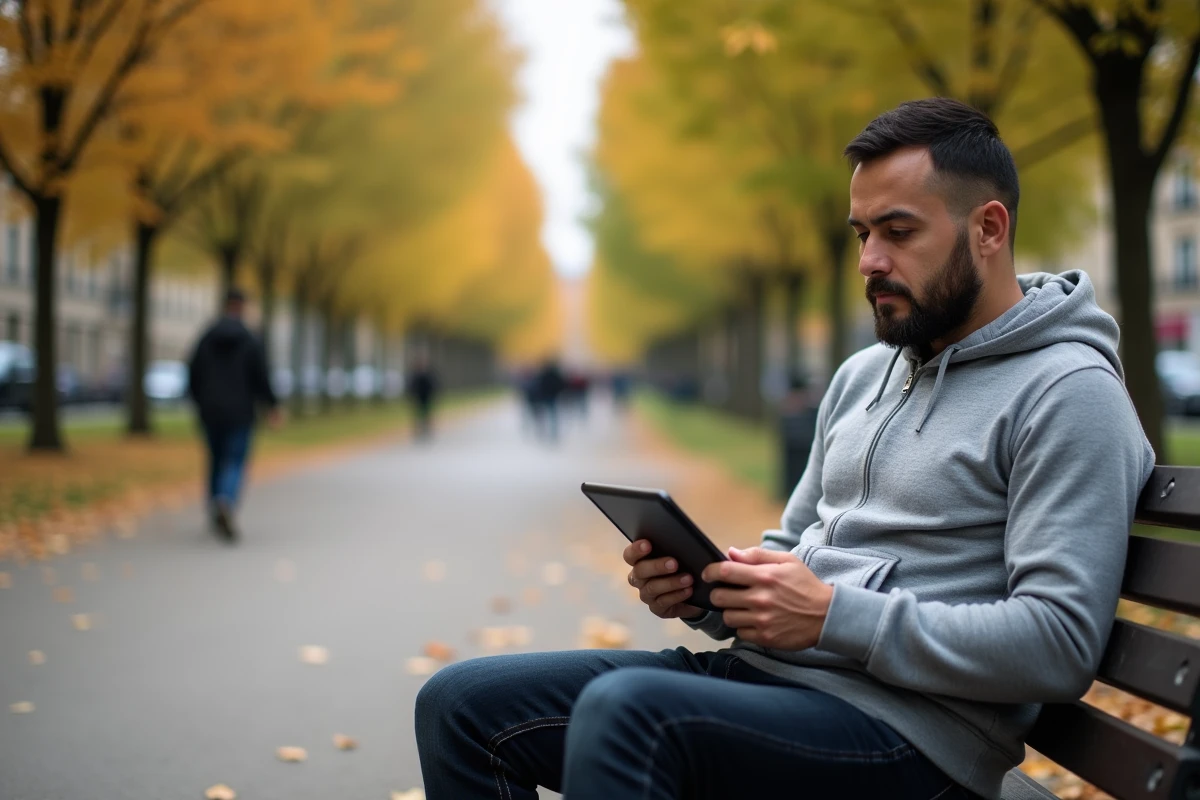 Homme d'origine asiatique révisant les questions de naturalisation sur une tablette dans un parc français en automne