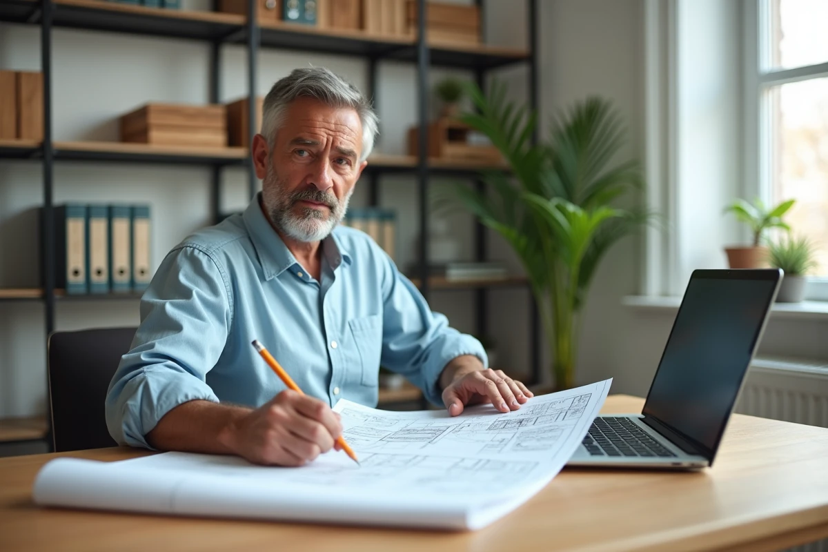 Adulte en reconversion étudiant des plans techniques de menuiserie à son bureau lors d'une formation en ligne sur ecoledestravaux.fr