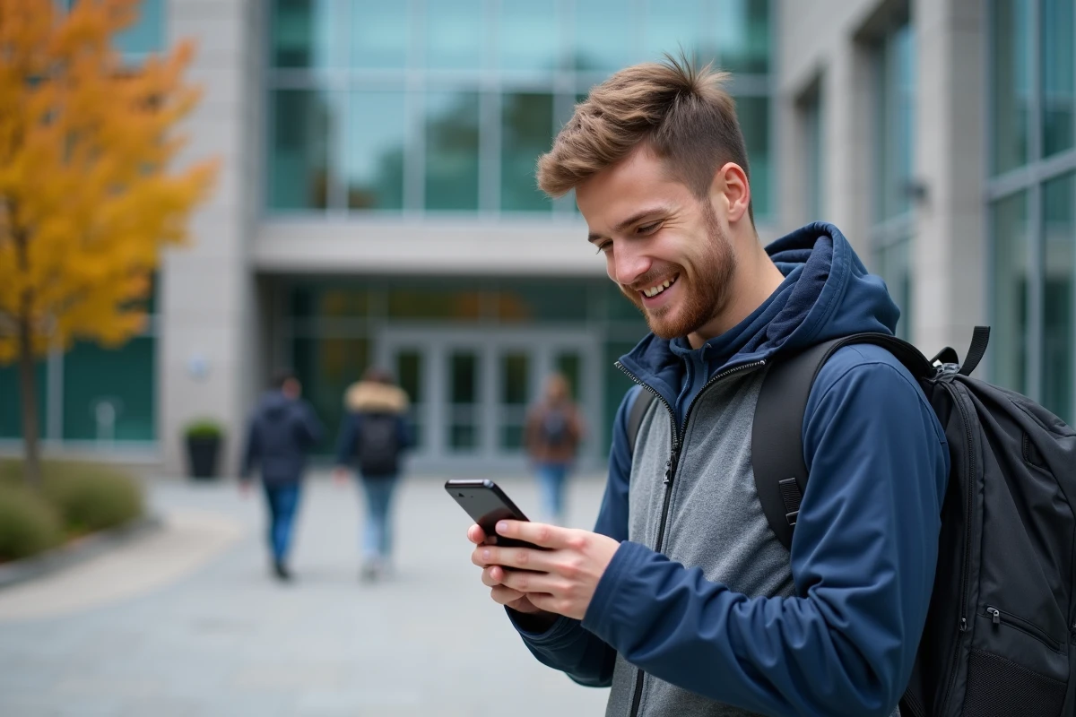 Étudiant de l'UGA consultant des informations sur les aides étudiantes via son smartphone sur le campus
