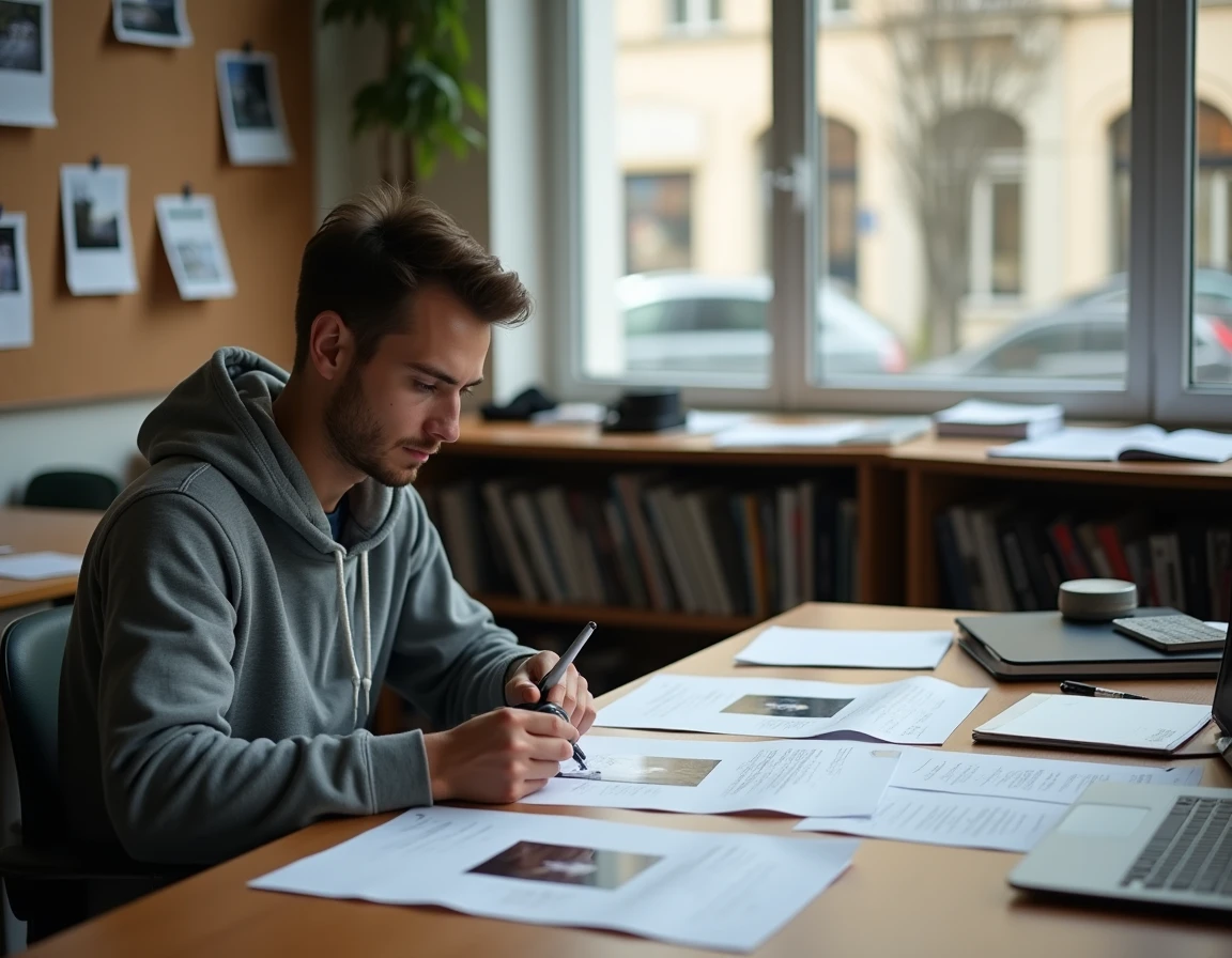 Étudiant en photographie analysant des planches contact et des négatifs dans une salle de cours de l'école de photographie à Toulouse