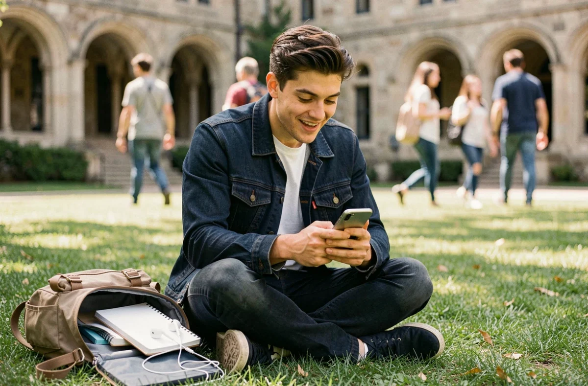 Étudiant sur le campus consultant son smartphone pour trouver des bons plans et réductions étudiantes
