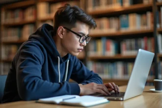 Étudiant consultant la plateforme ENT UTT sur son ordinateur portable dans une bibliothèque universitaire