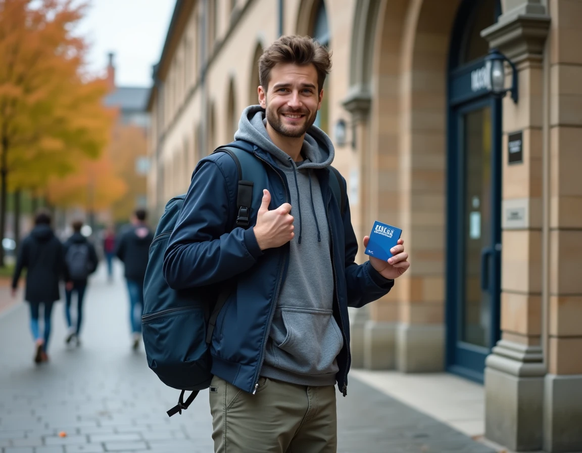 Étudiant Erasmus présentant sa carte Bean Student devant un campus universitaire européen en automne