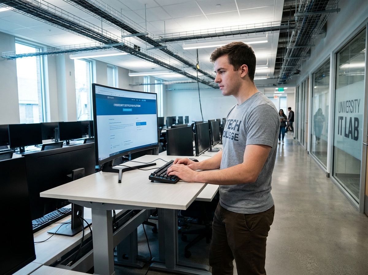 Jeune homme consultant une plateforme de certification cybersécurité dans un laboratoire informatique universitaire moderne