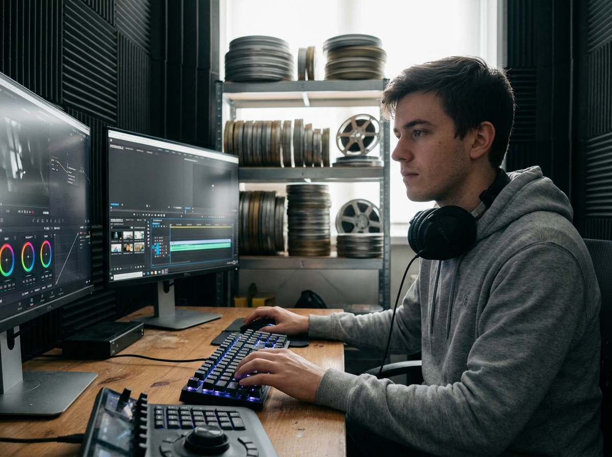 Étudiant en montage vidéo dans une salle de post-production d'école de cinéma indépendante, formation après le bac