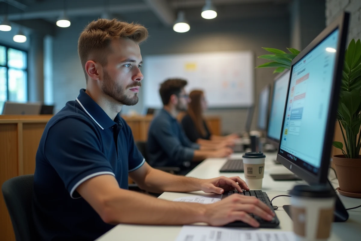 Étudiant naviguant sur un portail ENT universitaire dans un espace de coworking étudiant moderne