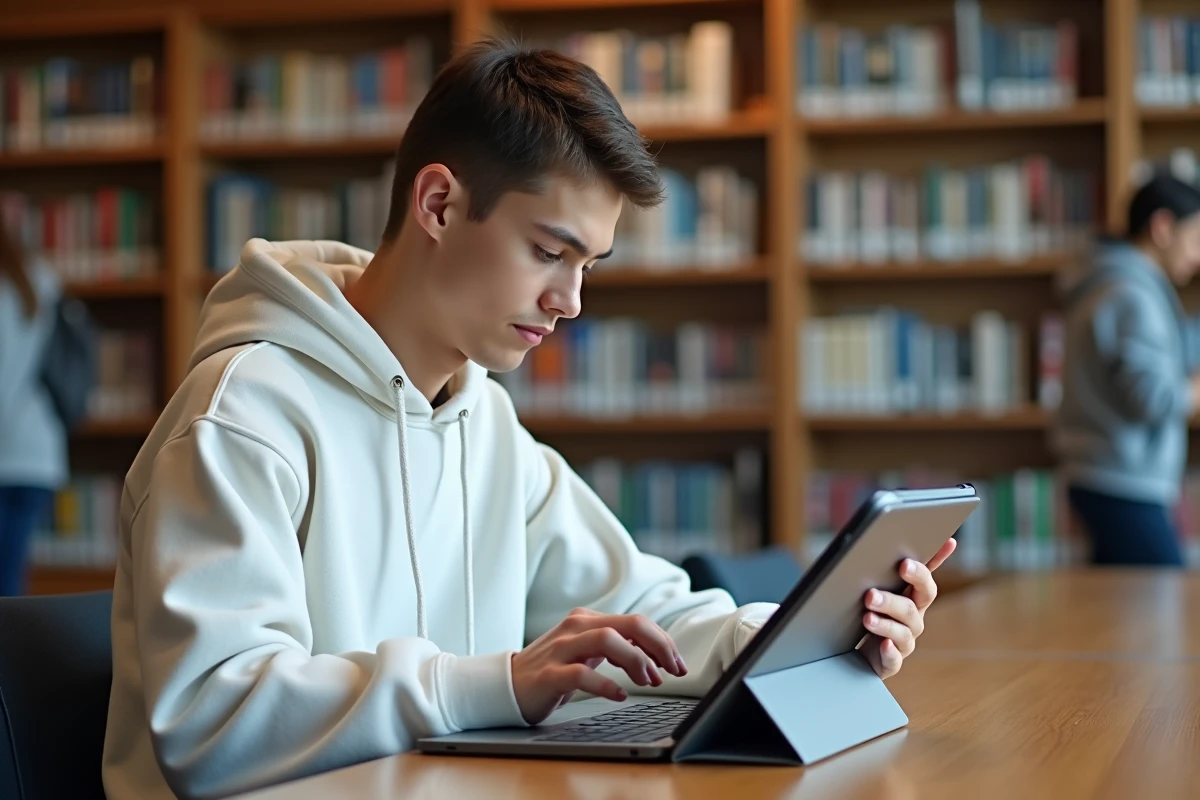 Étudiant en bibliothèque universitaire accédant à PSB Learning sur une tablette pour suivre ses cours en ligne