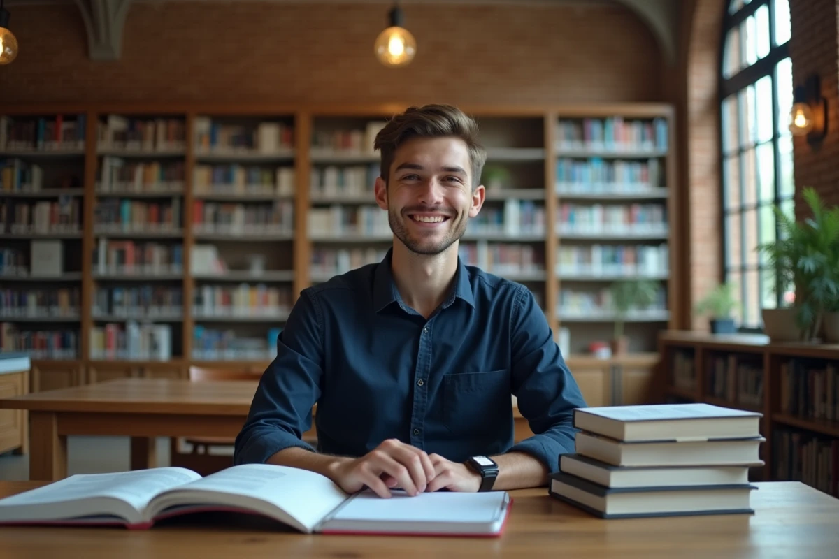 Étudiant organisant son planning académique sur le portail PSBlearn dans une bibliothèque universitaire
