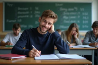 Etudiant concentré en classe avec dossiers et feuilles