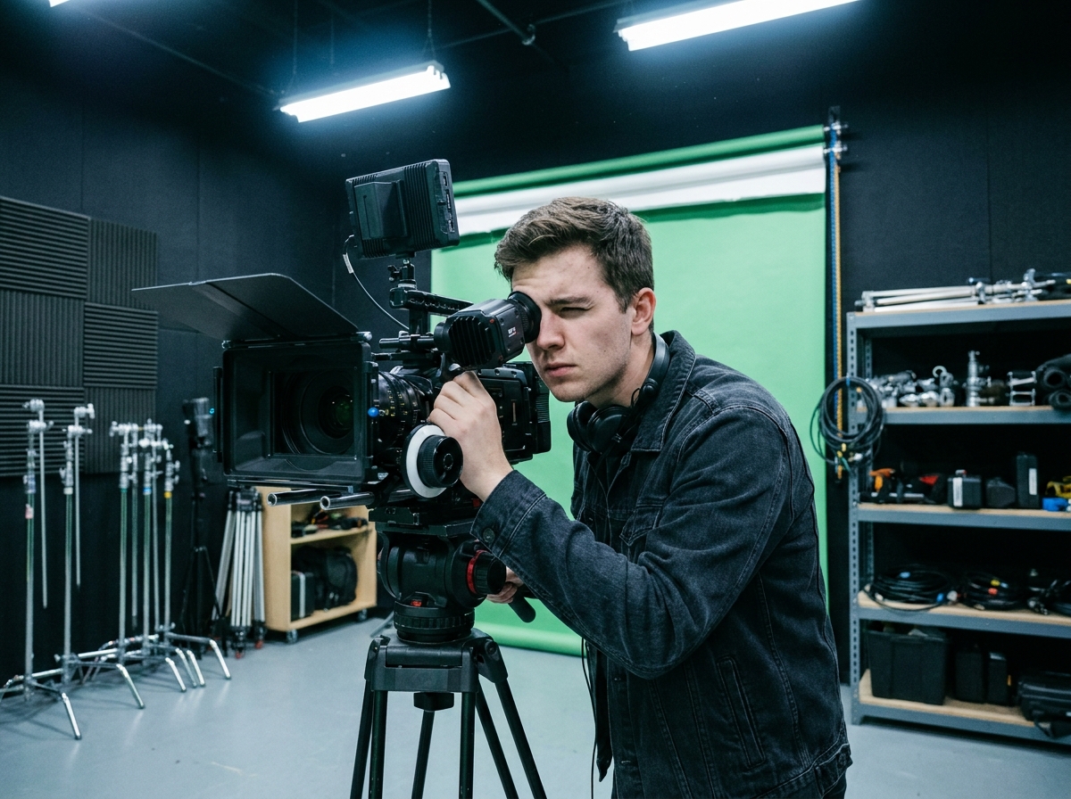 Étudiant en cinéma filmant en studio dans une école de cinéma équipée professionnellement